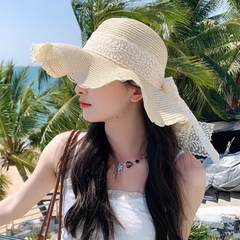 Mũ cói vành thắt nơ ren