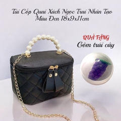 Túi Cốp Quai Xách Ngọc Trai Nhân Tạo Màu Đen 18x9x11cm
