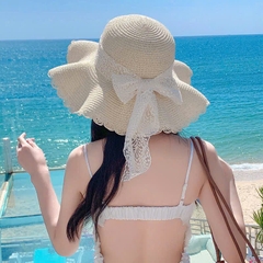 Mũ cói vành thắt nơ ren