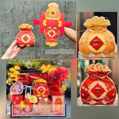 Vỏ Hộp hình túi t.i.ề.n 2 mặt đỏ vàng đựng trà , bánh, kẹo , Decor , giỏ quà Tết 2025
