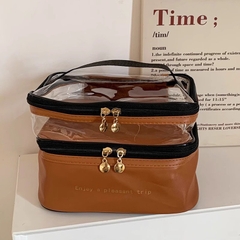 Túi đựng mỹ phẩm 2 tầng PVC màu nâu (24x17x17cm)