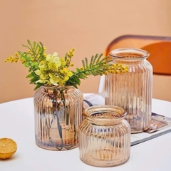 S3. Bình/lọ hoa thuỷ tinh kẻ sọc vintage size 25x10cm màu trà