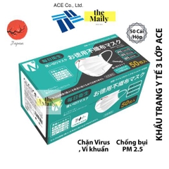 ACE - Hộp 50 Khẩu Trang Kháng Khuẩn, Chống Bụi 3 Lớp PP ACE Nhật Bản