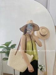 Túi cói đeo lớn dây da