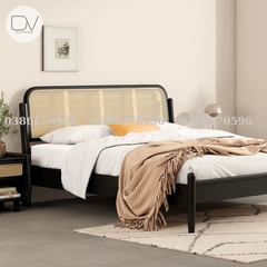 Giường gỗ mã DV6 - Giường ngủ Decor kết hợp mây mắt cáo từ gỗ thông nhập khẩu