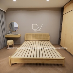 Giường gỗ mã DV6 - Giường ngủ Decor kết hợp mây mắt cáo từ gỗ thông nhập khẩu