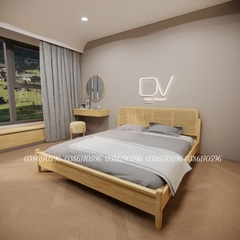 Giường gỗ mã DV6 - Giường ngủ Decor kết hợp mây mắt cáo từ gỗ thông nhập khẩu