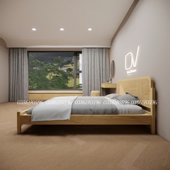 Giường gỗ mã DV6 - Giường ngủ Decor kết hợp mây mắt cáo từ gỗ thông nhập khẩu