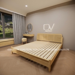 Giường gỗ mã DV6 - Giường ngủ Decor kết hợp mây mắt cáo từ gỗ thông nhập khẩu