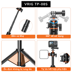 Gậy tripod Vrig Tp 08/08S kéo dài 51cm Gắn Gopro Osmo Action Insta360 Ace Pro