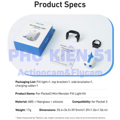 Đèn Telesin Pocket 3 trợ sáng nhỏ gọn hít nam châm thao tác nhanh tiện lợi S5-BGD-13