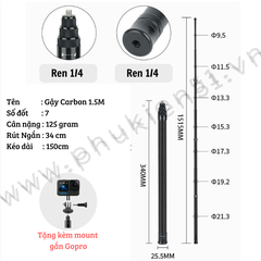 Gậy 1.5M 3M Carbon Fiber tàng hình kéo dài dành cho Insta360, GoPro, GoPro Max