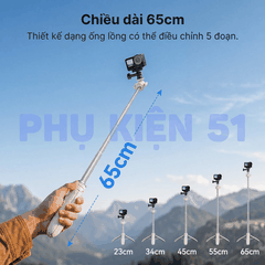 Tripod Telesin tự bung chân kéo dài 65cm gắn Actioncam Pocket Màu trắng