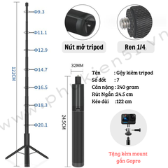 Gậy 2 in 1 tích hợp tripod gắn Actioncam 1.2m nhỏ gọn tiện lợi-  Gậy tàng hình 2in1 cho Gopro Insta360