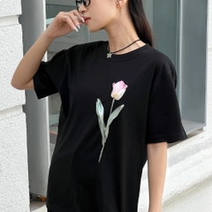 Áo Thun Thêu Ruy Băng Thủ Công - Hoa Tulip Hồng Tô Màu Nước