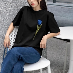 Áo Thun Thêu Ruy Băng Thủ Công - Hoa Tulip Xanh Dương