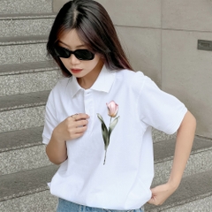 Áo Polo Thêu Ruy Băng Thủ Công - Hoa Tulip Hồng Tô Màu Nước