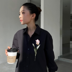 Áo Sơ Mi Thêu Ruy Băng Thủ Công - Hoa Tulip Hồng Tô Màu Nước