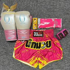 COMBO TẬP BOXING CƠ BẢN GĂNG BOXING + BĂNG ĐA + QUẦN MUAY + TẤT BẢO VỆ - Hồng