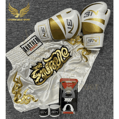 COMBO TẬP BOXING CƠ BẢN GĂNG BOXING + BĂNG ĐA + QUẦN MUAY + TẤT BẢO VỆ - TRẮNG