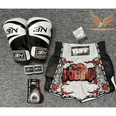 COMBO TẬP BOXING CƠ BẢN GĂNG BOXING + BĂNG ĐA + QUẦN MUAY + TẤT BẢO VỆ - TRẮNG