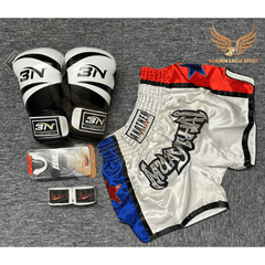 COMBO TẬP BOXING CƠ BẢN GĂNG BOXING + BĂNG ĐA + QUẦN MUAY + TẤT BẢO VỆ - TRẮNG