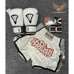 COMBO TẬP BOXING CƠ BẢN GĂNG BOXING + BĂNG ĐA + QUẦN MUAY + TẤT BẢO VỆ - TRẮNG