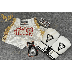 COMBO TẬP BOXING CƠ BẢN GĂNG BOXING + BĂNG ĐA + QUẦN MUAY + TẤT BẢO VỆ - TRẮNG