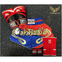 COMBO TẬP BOXING CƠ BẢN GĂNG BOXING + BĂNG ĐA + QUẦN MUAY + TẤT BẢO VỆ - ĐỎ