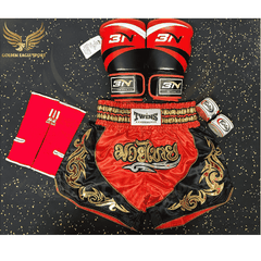 COMBO TẬP BOXING CƠ BẢN GĂNG BOXING + BĂNG ĐA + QUẦN MUAY + TẤT BẢO VỆ - ĐỎ