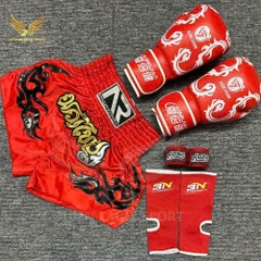 COMBO TẬP BOXING CƠ BẢN GĂNG BOXING + BĂNG ĐA + QUẦN MUAY + TẤT BẢO VỆ - ĐỎ