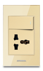 Bộ công tắc đơn 1 chiều và ổ cắm 3 chấu đa năng Grimma, mặt kính cường lực G6 series G6GLBK11SK3