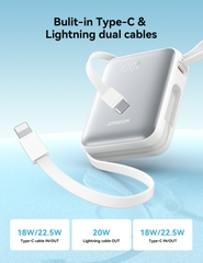 Sạc dự phòng JOYROOM 10000mah PBF27 22.5W siêu nhỏ tích hợp cáp sạc Type C và Lightning dùng cho iPhone 16 , Samsung S24 , Fold