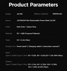 Sạc dự phòng Joyroom PR1 sạc nhanh 22.5W dung lượng 10000mAh tích hợp dây sạc rút di động gọn nhẹ
