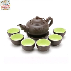 Bộ ấm chén tử sa bát tràng khắc hoa khay lá rất đẹp