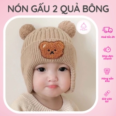 Nón Len Hình Gấu Xoăn 2 Quả Bông Đáng Yêu Giữ Ấm Cho Bé