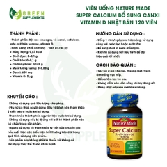 Viên Uống Nature Made Super Calcium Bổ Sung Canxi Vitamin D Nhật Bản 120 Viên