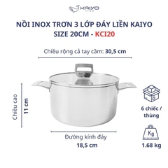 Nồi inox 18/10 trơn 3 lớp đáy liền Kaiyo - size 18, 20, 22cm