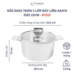Nồi inox 18/10 trơn 3 lớp đáy liền Kaiyo - size 18, 20, 22cm