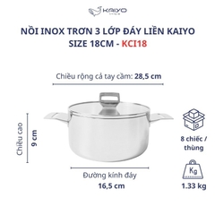 Nồi inox 18/10 trơn 3 lớp đáy liền Kaiyo - size 18, 20, 22cm