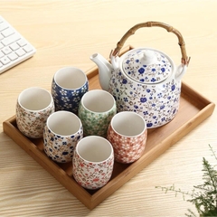 Sét ấm pha trà kèm khay trúc hoạ tiết hoa nhí