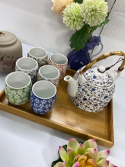 Sét ấm pha trà kèm khay trúc hoạ tiết hoa nhí
