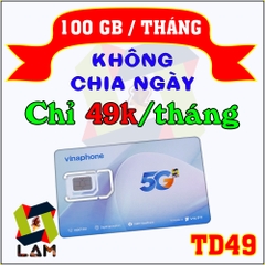 Sim 4G 5G Vinaphone TD49 (100GB/Tháng). Gia Hạn Cực Rẻ chỉ 49k/Tháng (Có eSIM)