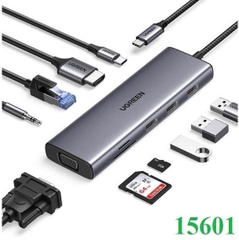 Bộ chuyển USB Type-C 10 trong 1 ra HDMI, VGA, USB, Lan 1Gbps, 3.5mm, SD/TF, Sạc PD 100W Ugreen 15601 VAT