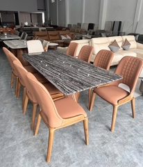 Bàn Ăn Mặt Đá 8 Ghế Chân Gỗ 2443S