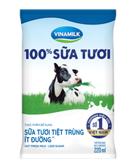 Sữa tươi tiệt trùng ít đường Vinamilk 100% Sữa tươi - thùng 48 bịch x 220ml