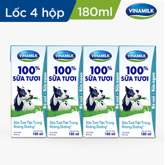 Sữa tươi tiệt trùng Vinamilk 100% không đường - Lốc 4 hộp 180ml