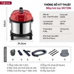 Máy hút bụi khô & ướt nhỏ gọn, mạnh mẽ cho mọi nhu cầu làm sạch Fujihome VC15N