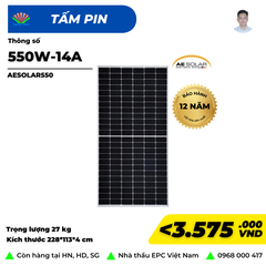 Tấm pin NLMT AE550 Solar Mono Halfcell Ptype bảo hành 12 năm MD-144