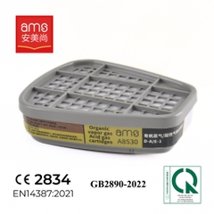 ตลับกรองสารพิษ A8510 (คู่ 2 ชิ้น แบรนด์ AMS สำหรับไอระเหยอินทรีย์ เช่น สี น้ำมันเชื้อเพลิง อะซีโตน ได้มาตรฐาน CE 2834, EN14387:2021 และ GB2890-2022 สำหรับหน้ากากชนิดคู่)